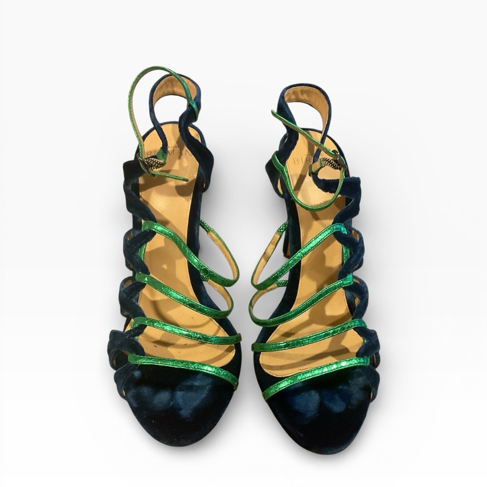 Alexander Birman Navy Velvet Heeled Sandals with Metallic Green Straps Size 8.5